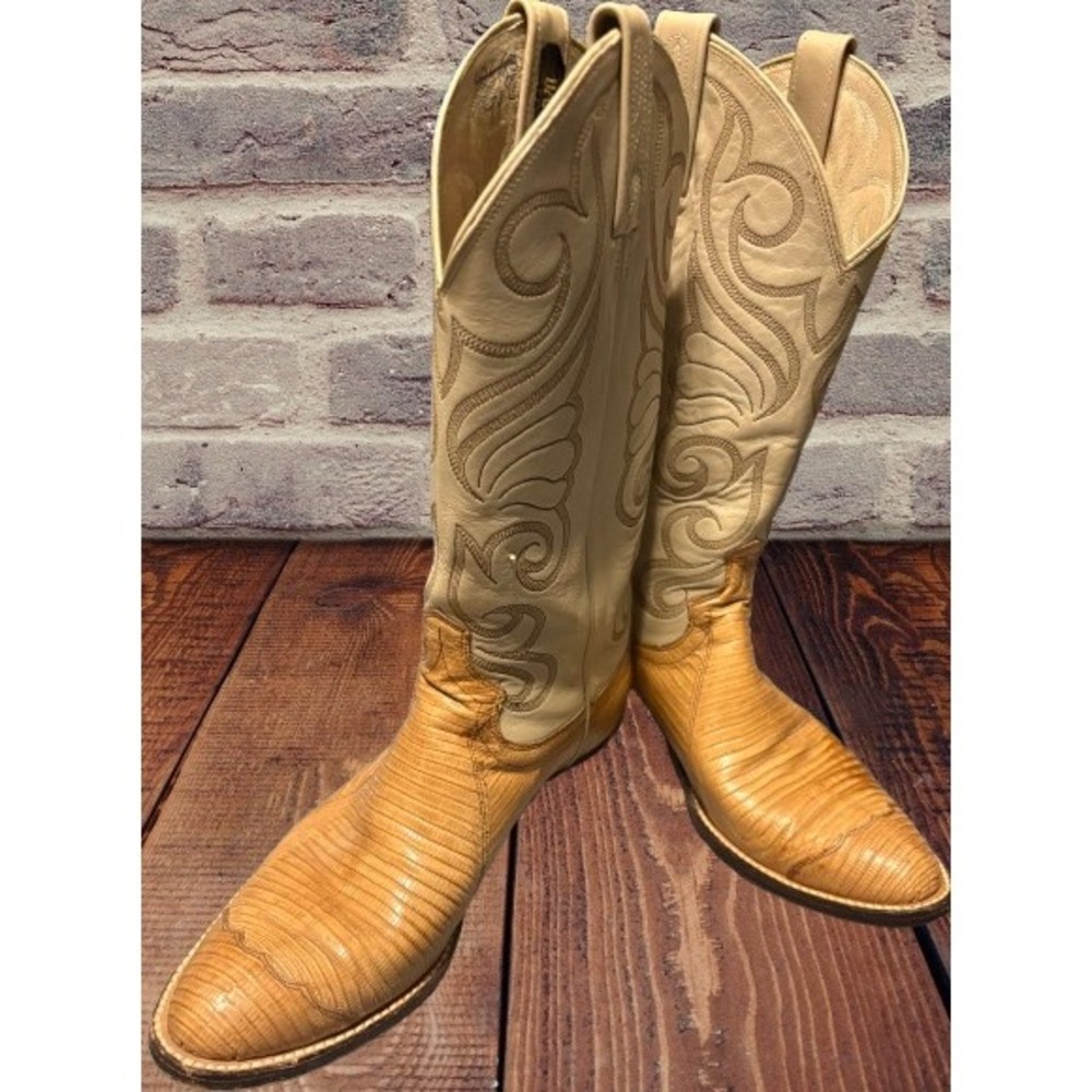 Dan Post Lizard Skin Western Cowboy Boots Mens Tan Cream Leather Stitched